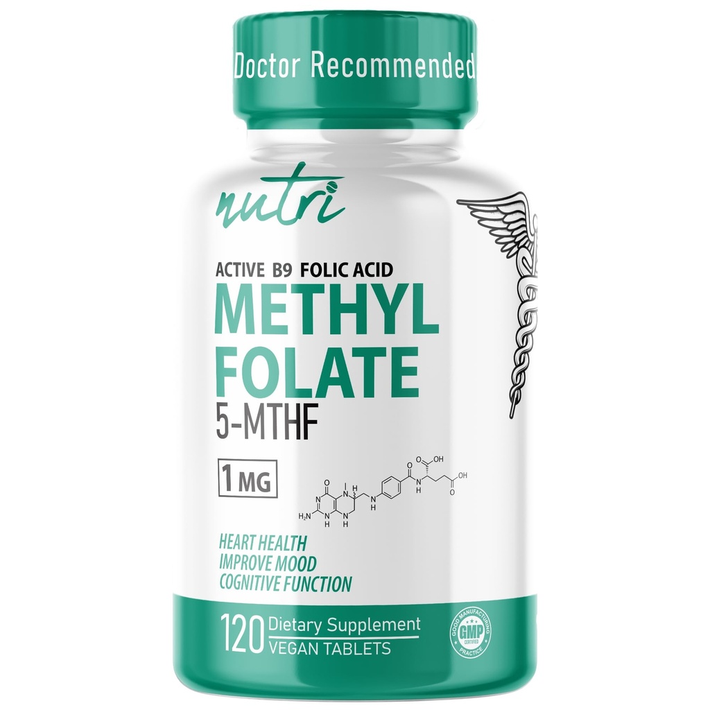 Naturens Fusioner Nutri 5-MTHF L Methylfolfolat 1MG - 4 måneder Tilgang, 120 Veganske tabletter - Methylerede folat tillæg - Kognitiv funktion, hjerte sundhed, prænatal support - Methylerede folinsyre