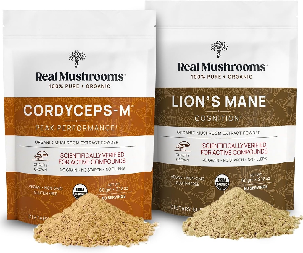 Lions Mane (60g) og Cordyceps (60g) Mushroom Extract Powder Bundle - Mushroom Supplement for Cognition, Energi og Endurance