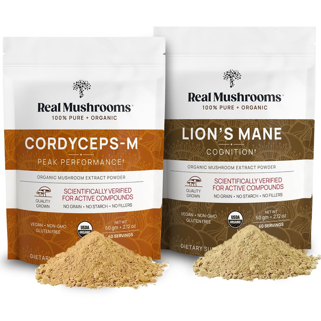 Lions Mane (60g) og Cordyceps (60g) Mushroom Extract Powder Bundle - Mushroom Supplement for Cognition, Energi og Endurance