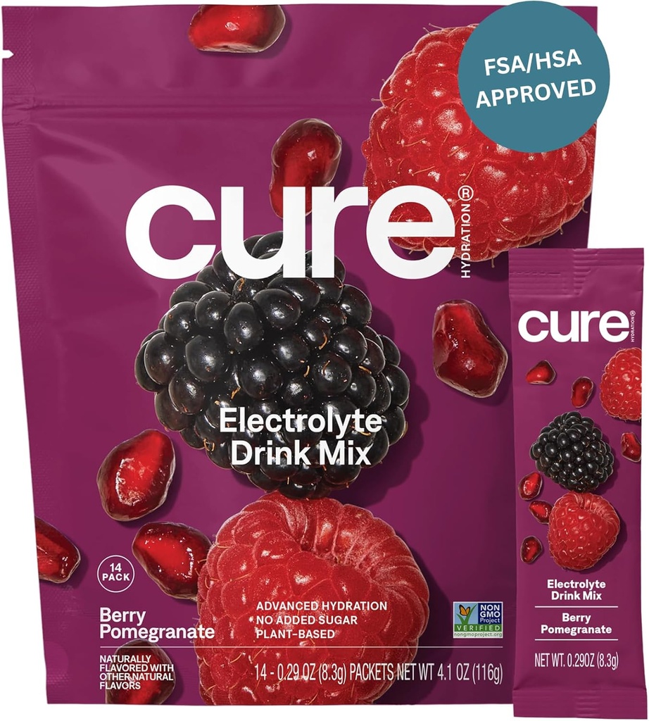 Cure Hydration • 124; Plantbaseret elektrolytholdig drik • 124; Ingen tilsat sukker • 124; FSA- HSA • 124; Dehydrering • Hjælpepulver fremstillet med kokos • 124; ikke-GMO • 124; Vegan • 124; Pouch af 14 pakker - Berry Pomegranate
