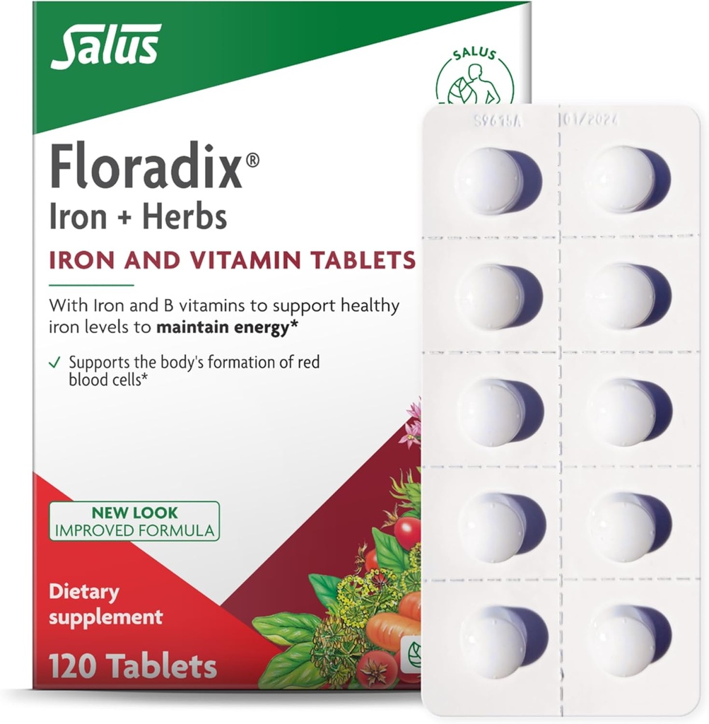 Floradix jerntabletter - Jerntilskud med B vitaminer, folinsyre, C-vitamin & mere - Energistøtte - Vegetarisk & Gluten- Free - 120 tabletter (120 Servere)