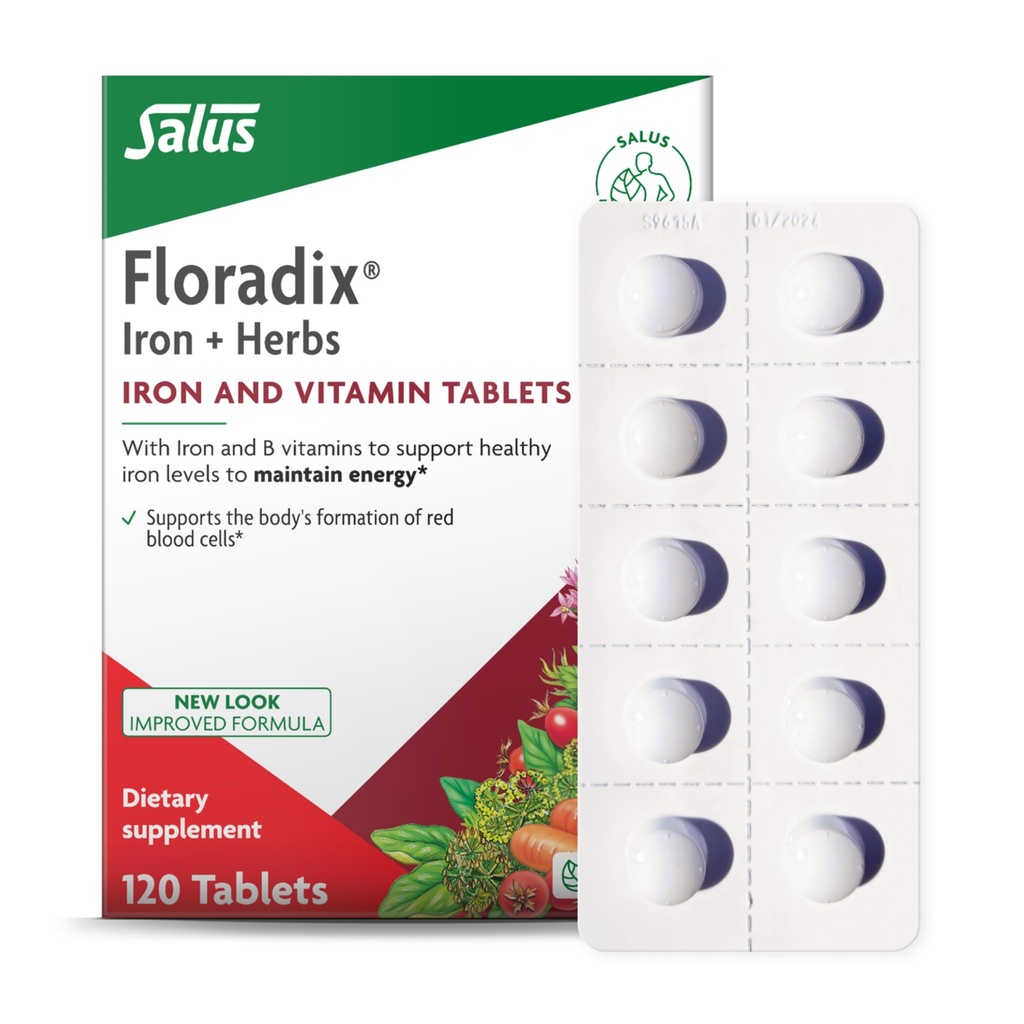 Floradix jerntabletter - Jerntilskud med B vitaminer, folinsyre, C-vitamin & mere - Energistøtte - Vegetarisk & Gluten- Free - 120 tabletter (120 Servere)
