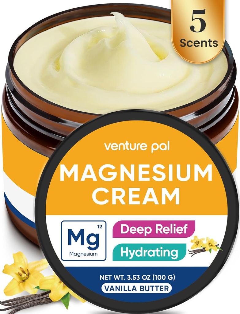 Venture Pal Magnesium Lotion, topisk Magnesiumcreme til søvn, ben kramper og smerter, muskelafslapning, rolig, fugtgivende supplement med kokosolie, Shea Butter & Hyaluronsyre, Sikker for børn