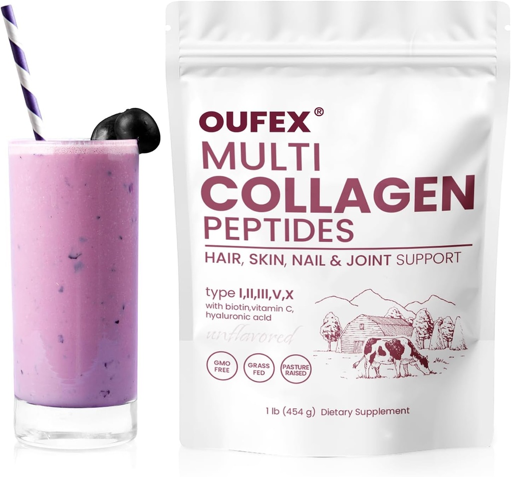 Multi Collagen peptider pulver, Collagen peptider til kvinder & mænd, Collagen pulver med Hyaluronsyre, Biotin, type I, II, III, V, X, Promoes Hår, Nail, Hud, Knogler og fælles sundhed (1 LB)