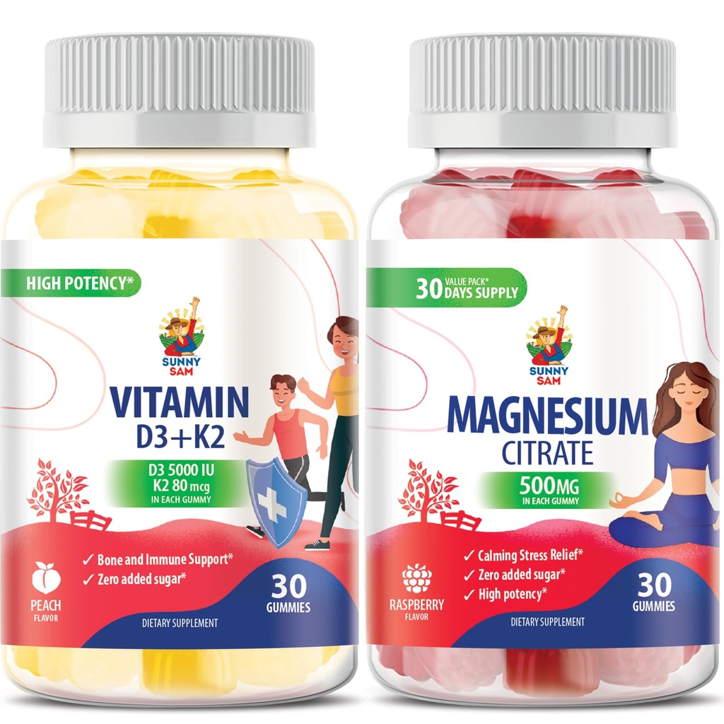 Magnesium gummier til børn og voksne - 500 mg og vitamin D3 K2 gummier 5000 IE. Rolige Magnesiumtyggere - Magnesiumcitrat Chewable Supplement for Mood & Muscle Support