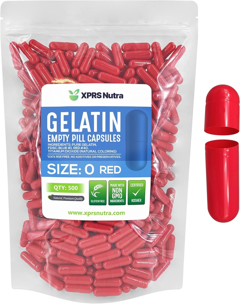 XPRS Nutra Size 0 Empty Capsules - 500 Count Empty Gelatin Capsules - Pills DIY Capsule Filling - Pure Bovine Fillable Pill Gel Caps for Do-It-Yourself Supplements (Red)
