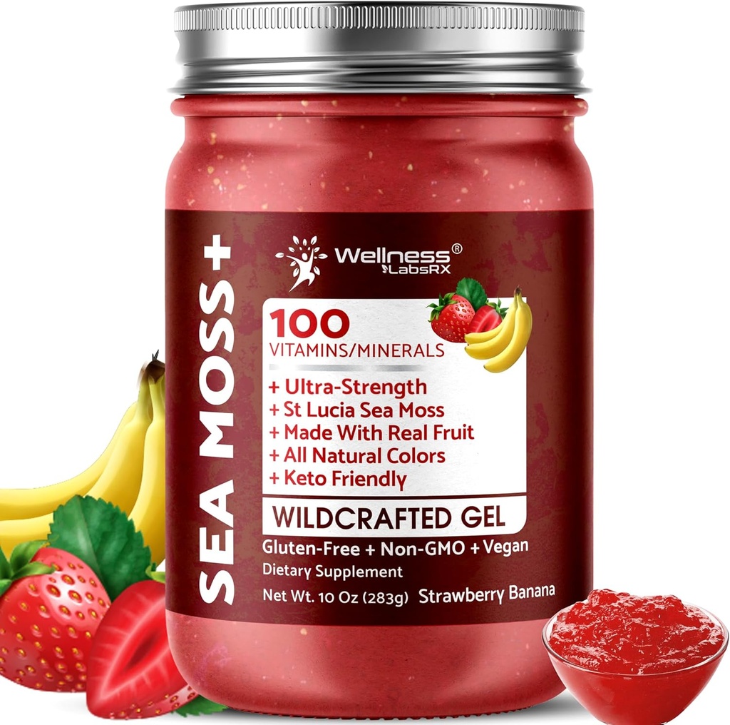Irish Sea Moss Gel Raw - Fremstillede Superfood Seamoss Gel - Strawberry Banana Flavor, Vitamin og Mineral- Rich fra Pristine Caribbean Waters, immunforsvar og fordøjelsessygdomme support - 10 oz.