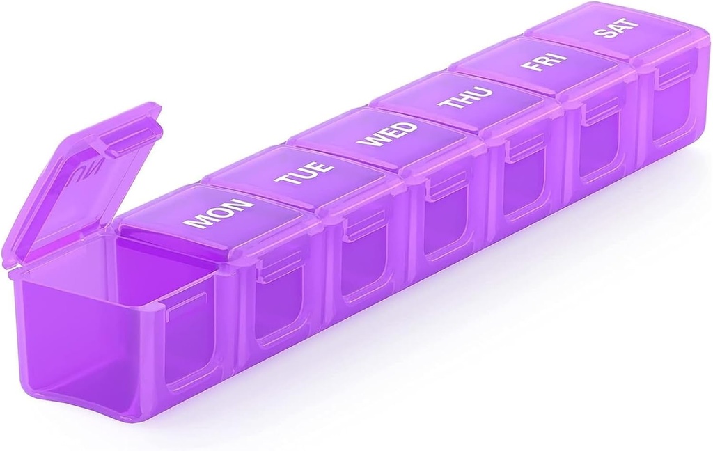 Sukuos Ekstra Stor Ugentlig Pill Organizer, 7 Dag Daglig Pill Box Case Gigt Friendly, Silkscreen Printed Medicine Container med Clear Lid for Vitaminer, Fiskeolier eller Kosttilskud (lilla)