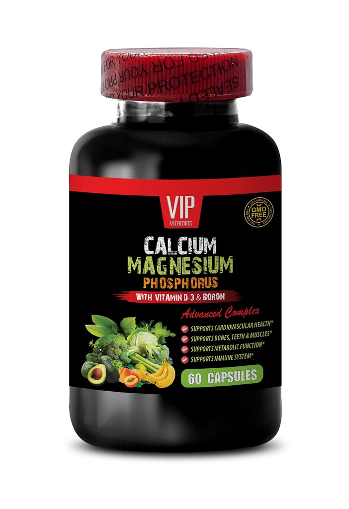Calcium Magnesiumtilskud - Calcium Magnesiumfosfor med vitamin D-3 & Boron - Sunde knogler Magnesium, Calcium til kvinder, Magnesium til mænd, Knoglestyrke Kosttilskud, 1 flaske 60 kapsler