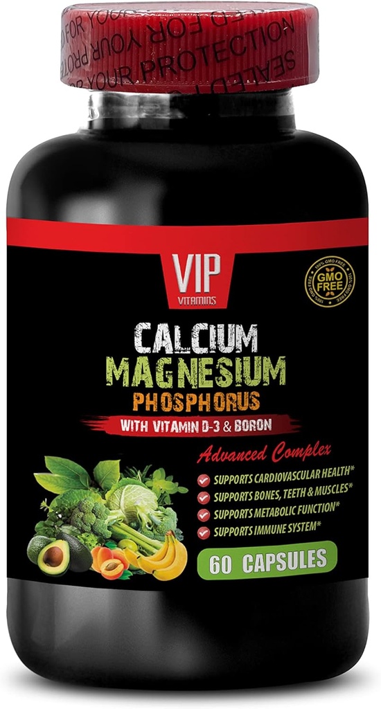 Calcium Magnesiumtilskud - Calcium Magnesiumfosfor med vitamin D-3 & Boron - Sunde knogler Magnesium, Calcium til kvinder, Magnesium til mænd, Knoglestyrke Kosttilskud, 1 flaske 60 kapsler