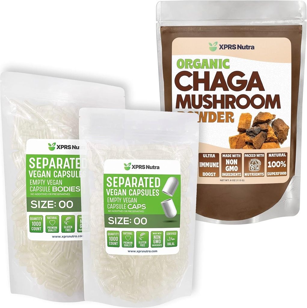 XPRS Nutra Separated Størrelse 00 Kapsler (1000 Tæl) med Chaga Powder (8 Ounce) Bundle