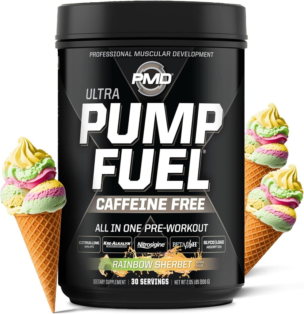 PMD Sports Pump Fuel Ultra Caffeine Free - Premium Pre Workout Powder & Muscle Pump, Greater Focus, Endurance & Recovery, Premium Creatine, Arginine & Beta Alanine - Rainbow Sherbet (30 Servings)