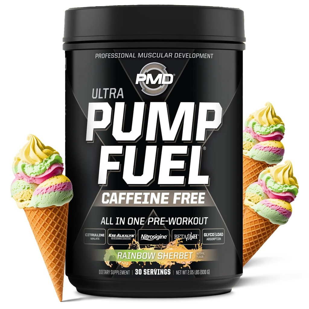 PMD Sports Pump Fuel Ultra Koffein Gratis - Premium Pre Workout Powder & Muscle Pump, Greater Focus, Endurance & Recovery, Premium Creatin, Arginin & Beta Alanine - Rainbow Sherbet (30 Servere)