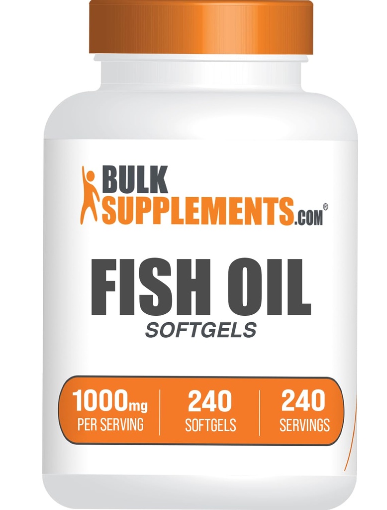 Bulk Supplements.com Fish Oil 1000mg Softgels - Fish Oil Supplements, Omega 3 Supplements - Gluten Free, 1 Softgel per Serving, 240 Count (pakke med 1)
