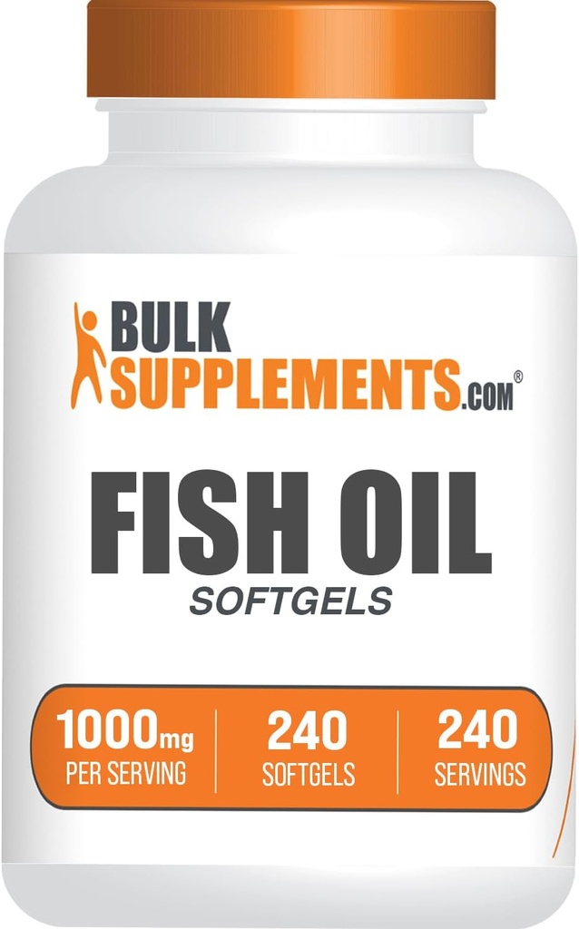 Bulk Supplements.com Fish Oil 1000mg Softgels - Fish Oil Supplements, Omega 3 Supplements - Gluten Free, 1 Softgel per Serving, 240 Count (pakke med 1)