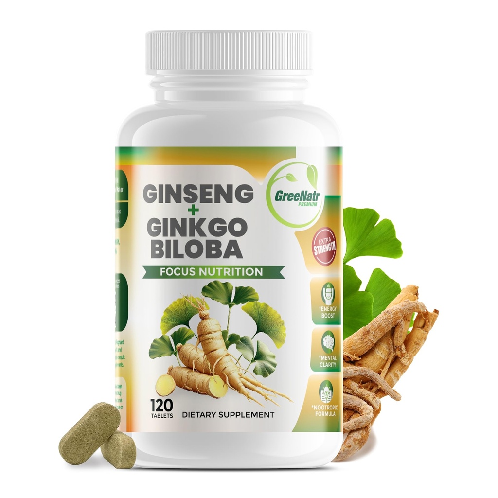 GreeNatr Ginko Biloba & Panax Ginseng Supplement - Rød Ginseng Brain Supplement for hukommelse og fokus - Ginkgo Biloba Kosttilskud til god vision, immunsystem og forbedret blodgennemstrømning - 120 tabletter