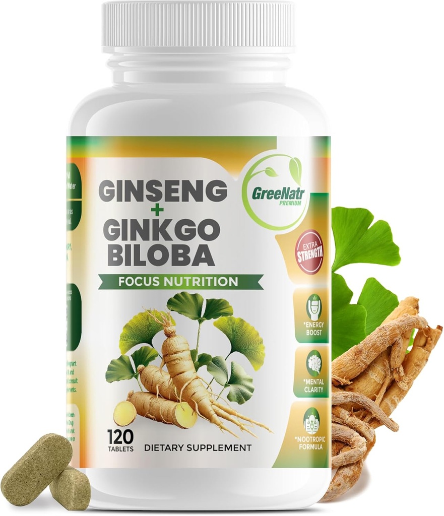 GreeNatr Ginko Biloba & Panax Ginseng Supplement - Rød Ginseng Brain Supplement for hukommelse og fokus - Ginkgo Biloba Kosttilskud til god vision, immunsystem og forbedret blodgennemstrømning - 120 tabletter