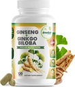 GreeNatr Ginko Biloba & Panax Ginseng Supplement - Rød Ginseng Brain Supplement for hukommelse og fokus - Ginkgo Biloba Kosttilskud til god vision, immunsystem og forbedret blodgennemstrømning - 120 tabletter