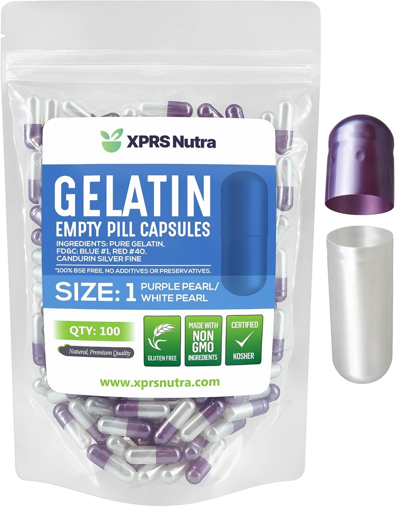 XPRS Nutra Størrelse 1 Tomme kapsler - 100 Tomme Gelatine kapsler - gør Capsule Fyldning - Pure Bovin Pil Gel Caps til Do- It- Yourself Kosttilskud (Pearl Purple / White)