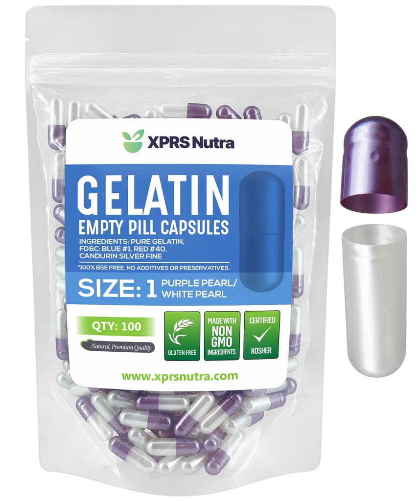 XPRS Nutra Størrelse 1 Tomme kapsler - 100 Tomme Gelatine kapsler - gør Capsule Fyldning - Pure Bovin Pil Gel Caps til Do- It- Yourself Kosttilskud (Pearl Purple / White)