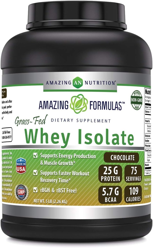 Amazing formulas Grass- Fed Whey Protein Isolate 124; 25 Grams Protein Per Serving MD124; 5 Lbs (2,26 Kg) MD124; 5,7 Grams BCAA MD124; Lavet i USA (5 Lb, Chokolade)