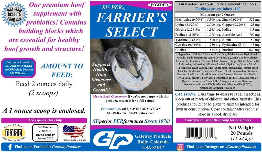 SU- PER Farriers Select Hoof Supplement - Horse Premium Hoof Care Supplement med Probiotika - Sund Hoof Growth - 20 Pounds, 5 Måned Supply