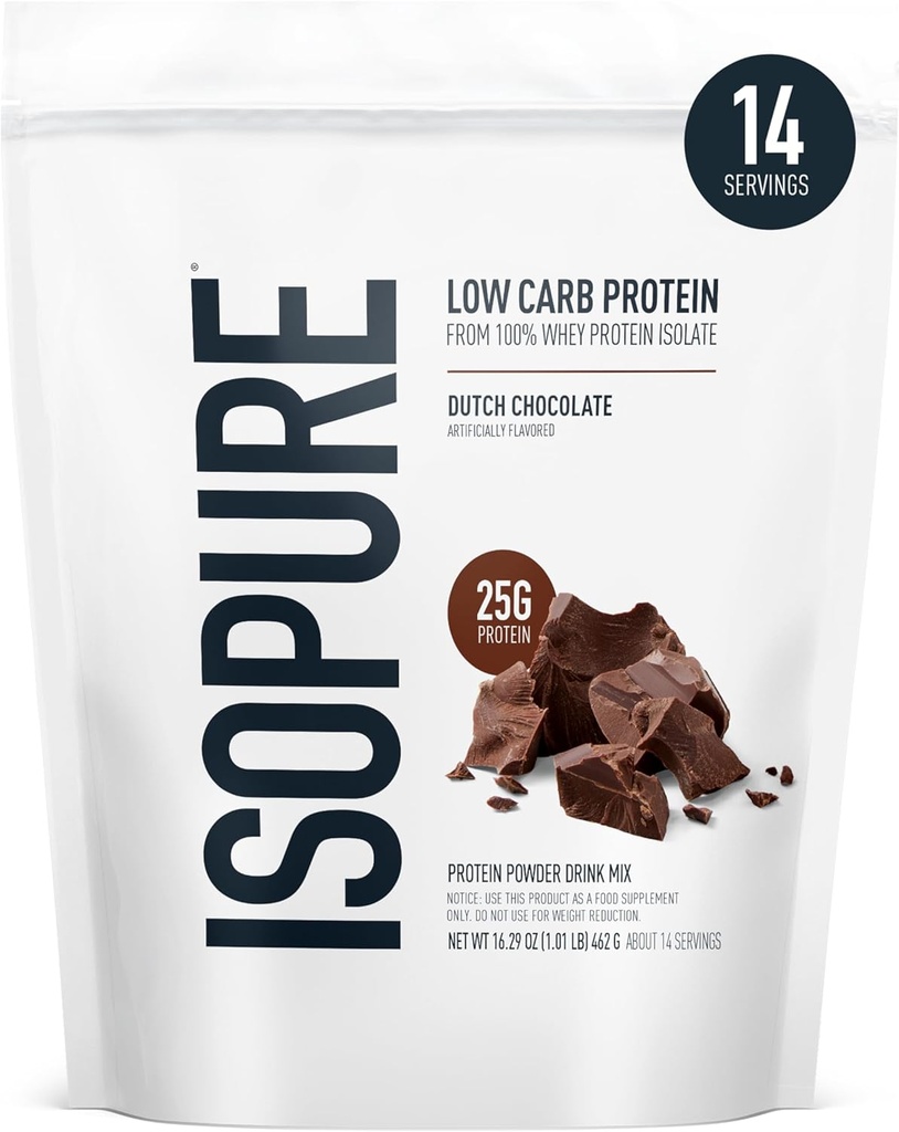 Isopure Low Carb 100% Pure Whey Isolate Protein Powder, Lactose Free, Gluten Free, Med vitaminer, hollandsk chokolade, 25g Protein Per Servering, 1 Lb, 14 Servere (Packaging May Vary)