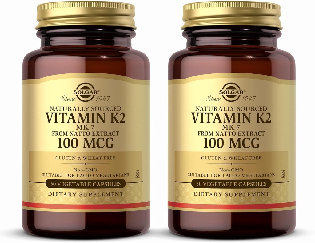 Solgar naturligt sourced vitamin K2 (MK-7) 100 mcg - 50 Vegetabilske kapsler, Pack of 2 - Understøtter Knoglesundhed - Hele fødevarekilde fra Nato Extract - Non- GMO, Gluten Free - 100 Total Servering