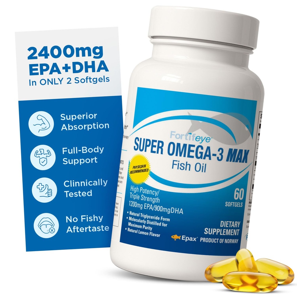 Super Max Omega-3 Fish Oil 2400 mg Made in Norway - High Potency Fish Oil Omega 3 Kosttilskud til kvinder og mænd, Triglycerid Form med EPA og DHA Kosttilskud Ingen Fisk efter smag Lemon Flavor