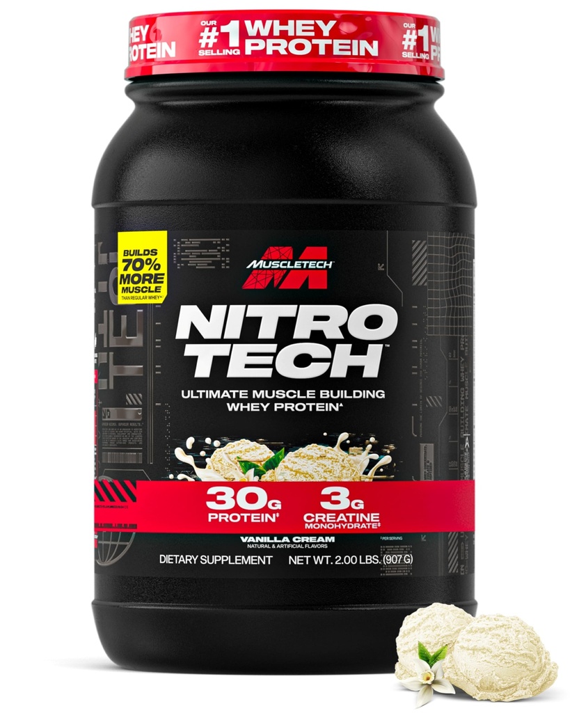 Muscletech Whey Protein Powder (Vanilla Cream, 2.2 Pound) - Nitro- Tech Ultimate Muscle Building Formel med Whey Protein Isolate - 30g Protein, 3 g Creatin & 6,8 g BCAA - Packaging May Vary