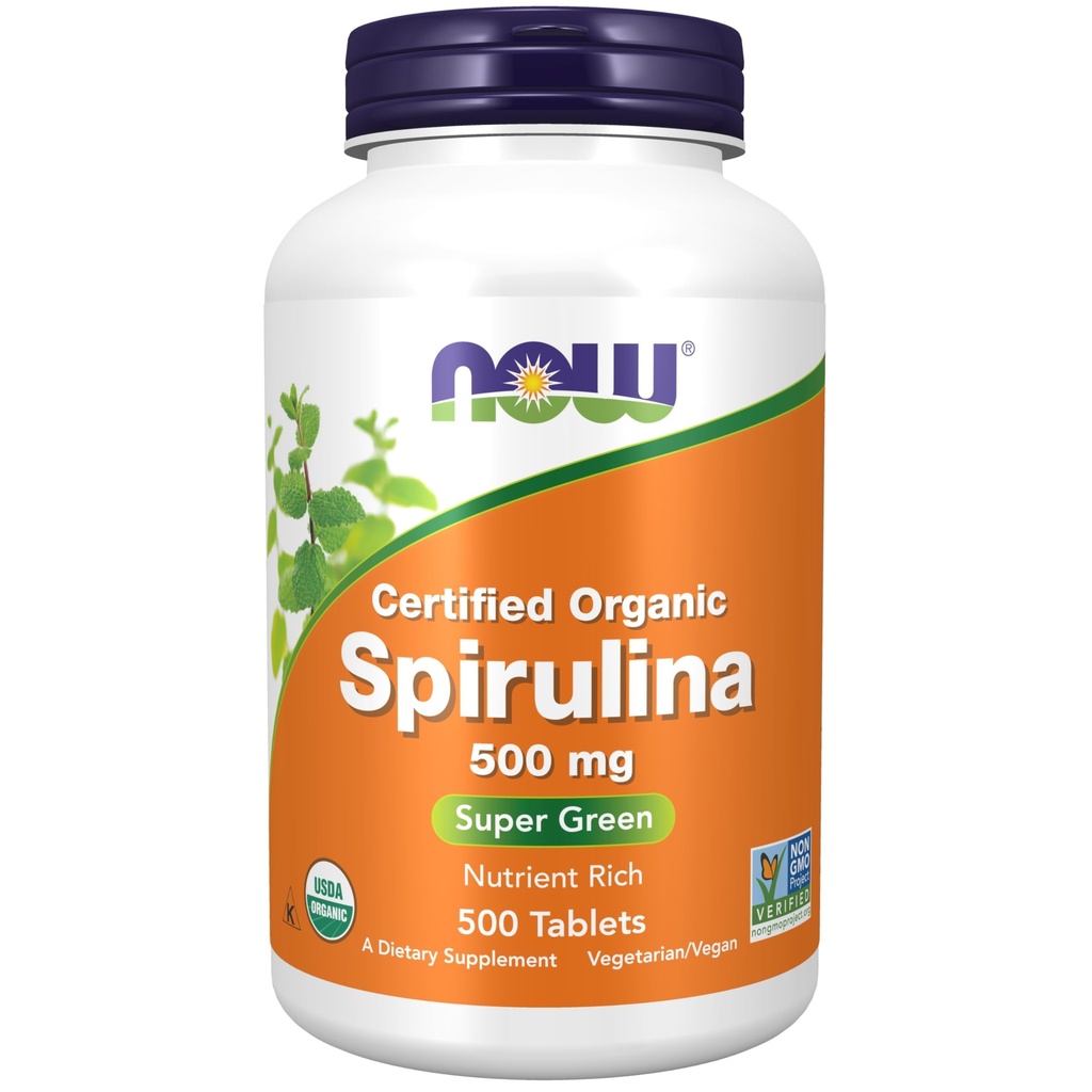 Now Foods Supplements, Organic Spirulina 500 mg med vitaminer, mineraler og GLA (Gamma- Linolensyre), 500 tabletter