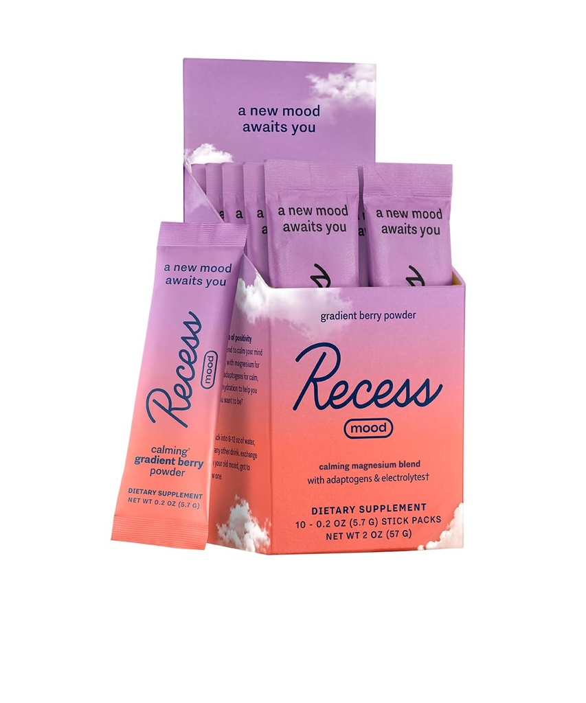 Recess Mood Powder, Calming Magnesium L- Threonate Blend med Passion Flower, L- Theanin, Electrolytes, Magnesium Calm Support Supplement - Gradient Berry Pack med 10