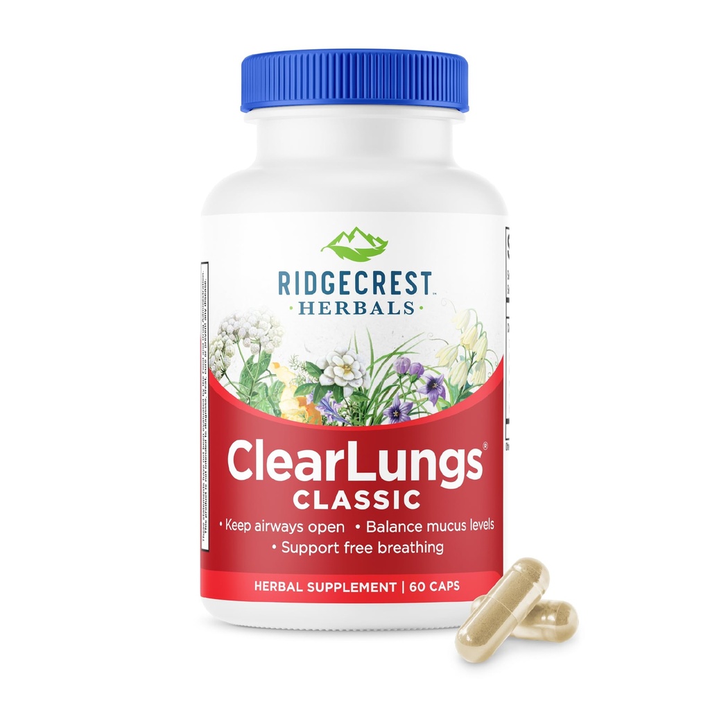 RidgeCrest Herbals ClearLungs Classic, Natural Lung og Nasal Daily Health Supplement for Bronchial, Luftveje, Immun, Sinus, og Mucus Wellness Support, Urteformel (60 Caps, 30 Serv)