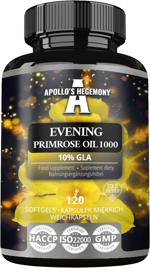 APOLLO 'S HEGEMONY Aften Primrose Oil 1000 mg med E-vitamin - Indeholder 100 mg GLA syre - 120 Softgel kapsler - 4 Måneder Supply - Diet supplement til støtte Hormonal balance og hud sundhed
