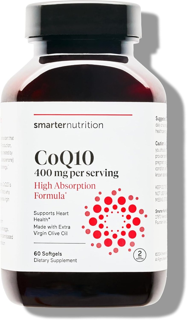 SMARTERNUTRITION CoQ10 400 mg Høj Absorption - naturligt fermenteret ubiquinone w / Organic Cold- Pressed Olive Oil - for Heart Health, Cellular Energy - Non- GMO, Gluten Free - 60 Greve [30- Day Supply]
