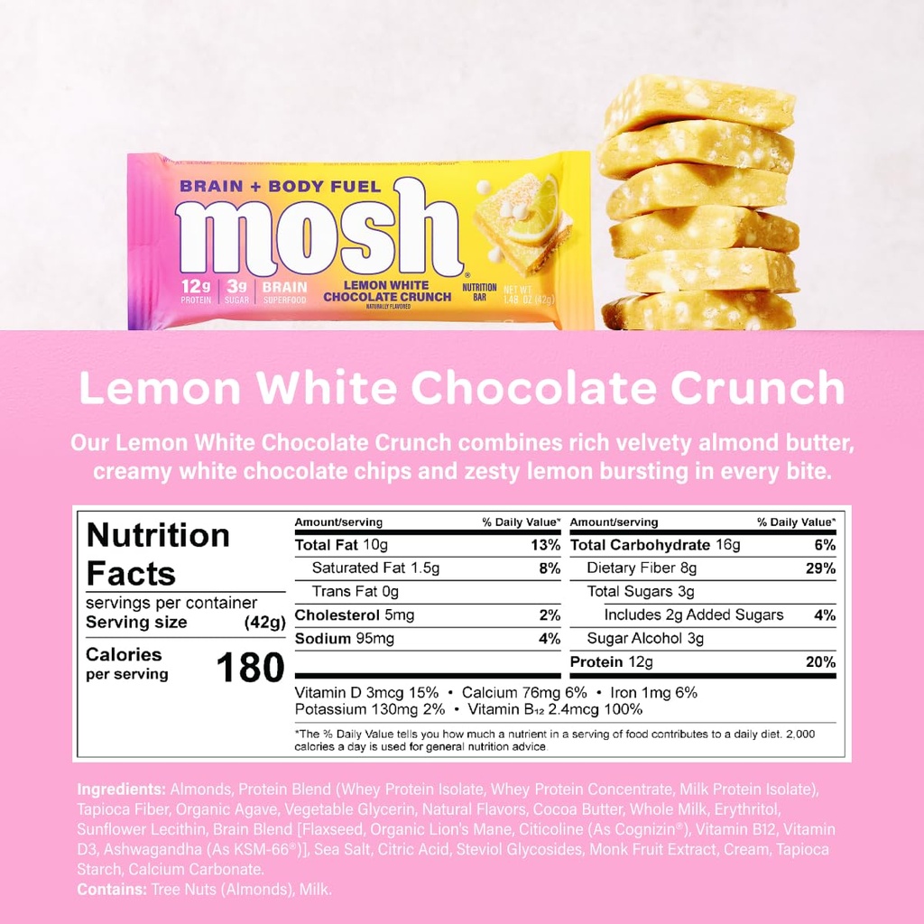 MOSH Variety Pack Keto Protein Bars, High Fiber, Low Carb, Gluten Free, High Protein, Brain Sund Snack med Ashwagandha, Lions Mane, 6 Greve
