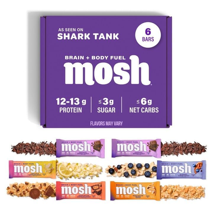 MOSH Variety Pack Keto Protein Bars, High Fiber, Low Carb, Gluten Free, High Protein, Brain Sund Snack med Ashwagandha, Lions Mane, 6 Greve