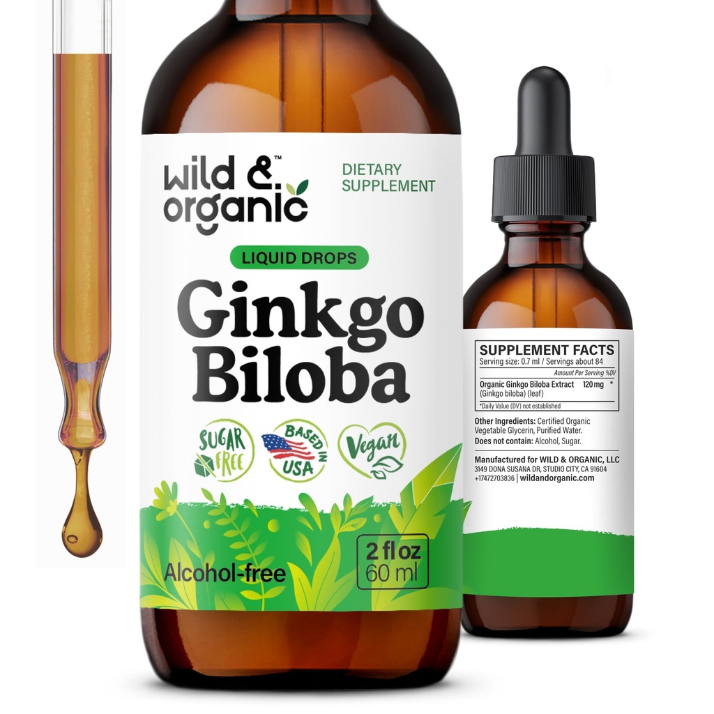 Wild & Organic Ginkgo Biloba Tinktur - Brain & Focus Support med Ginkgo Leaf Supplement - Vegan, Sugar & Alcohol- Free Herbal Extract Tinktur - 2 fl oz