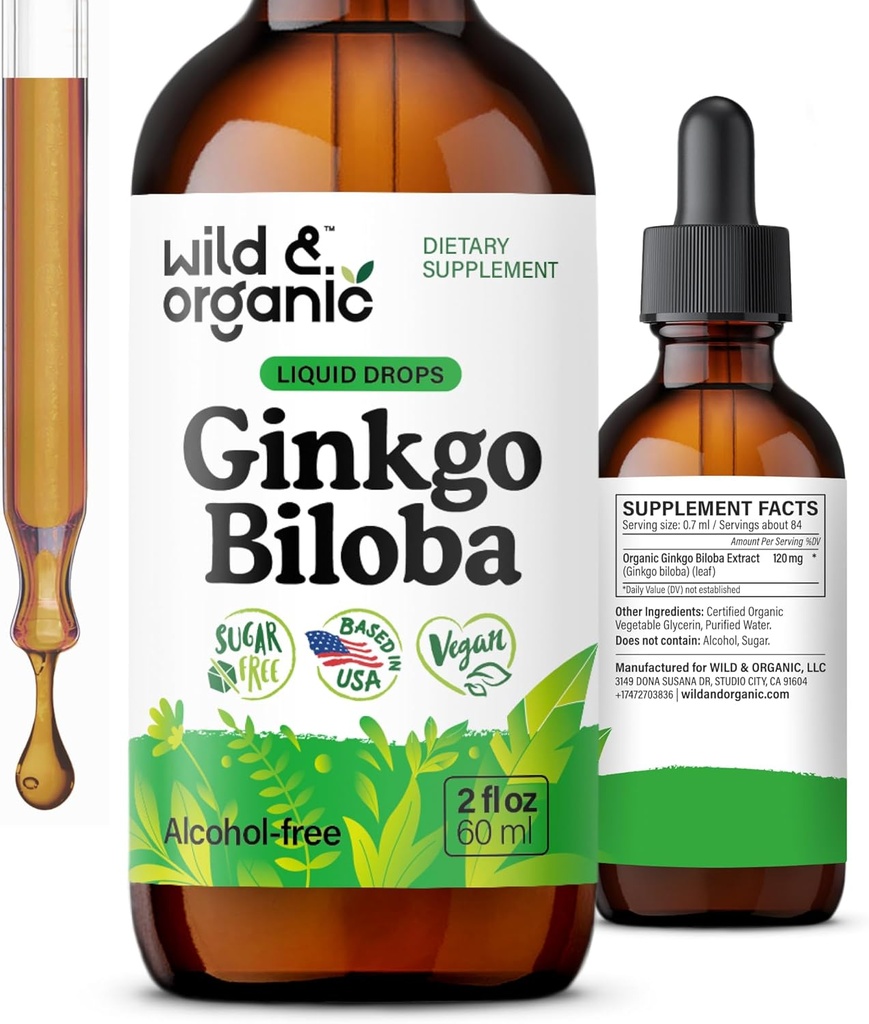 Wild & Organic Ginkgo Biloba Tinktur - Brain & Focus Support med Ginkgo Leaf Supplement - Vegan, Sugar & Alcohol- Free Herbal Extract Tinktur - 2 fl oz