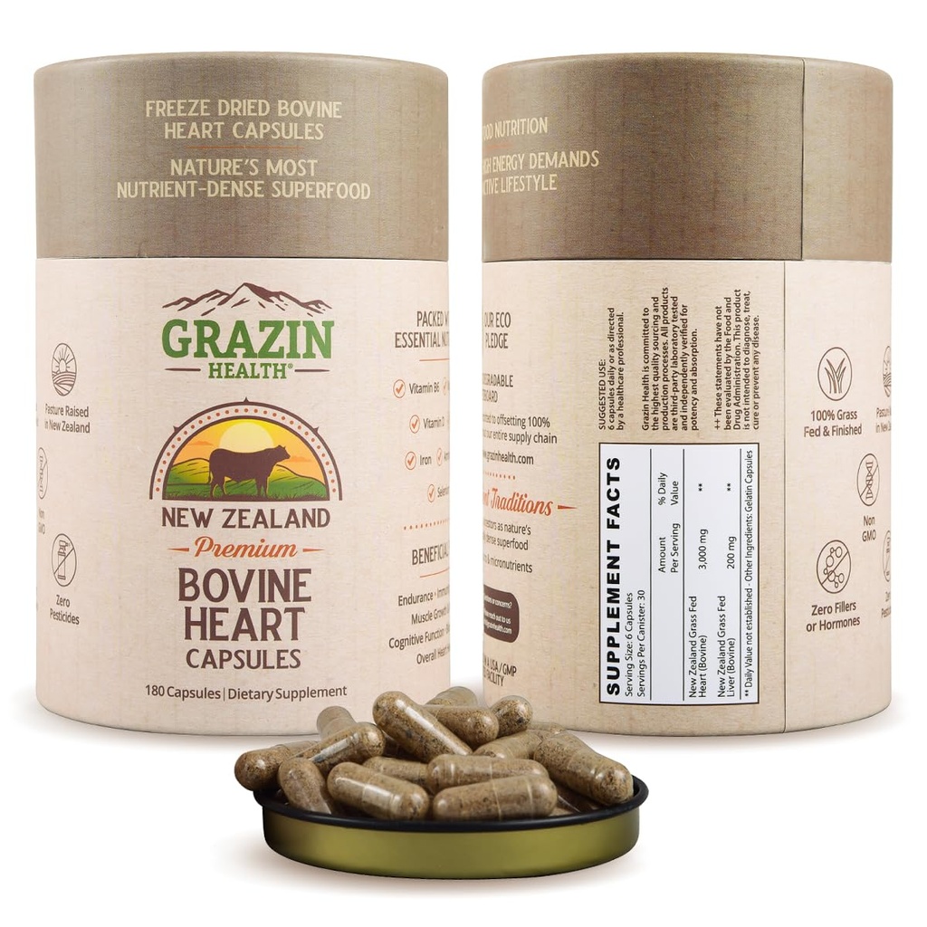 Grass- Fed Freeze- Tørret Bovin Heart & Lever Kapsler 3000 mg per Serving Note 124; CoQ10, Jern, Zink & B12 supplement til naturlige hjerte, energi og immunforsvar