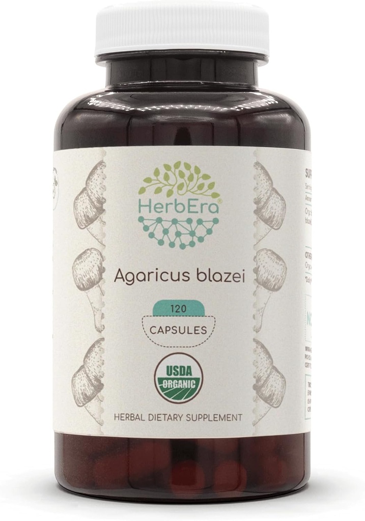 HerbEra Agaricus Blazei USDA Organic 120 Capsules ttesmå 124; Natural Herbal Support 124; Certified Organic Vegetar Capsules and Organic Agaricus Blazei (Agaricus blazei murill) Tørret champignon (120 Capsules)