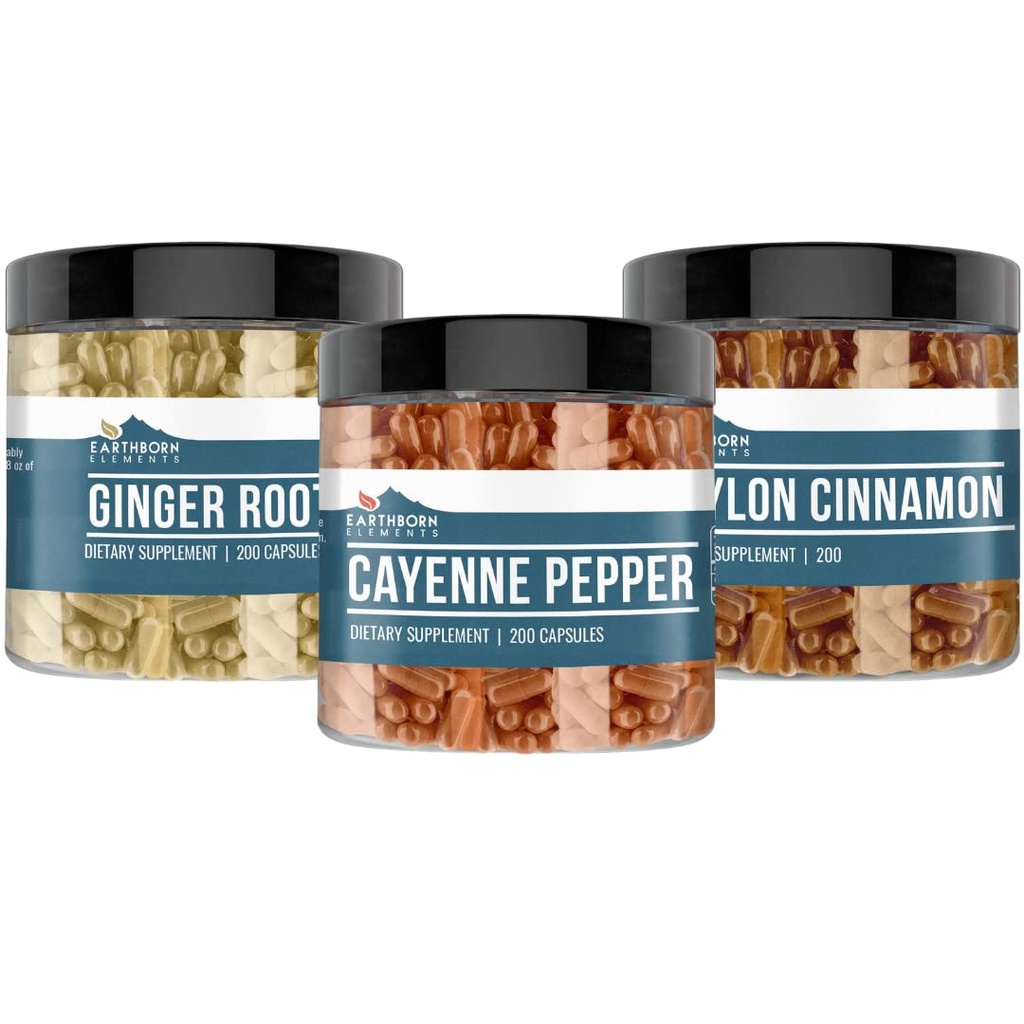 Earthborn Elements Cayenne Pepper, Ceylon Kanel & Ginger Root Bundle (200 Kapsler Hver), Pure & Ufortyndet, Ingen tilsætningsstoffer