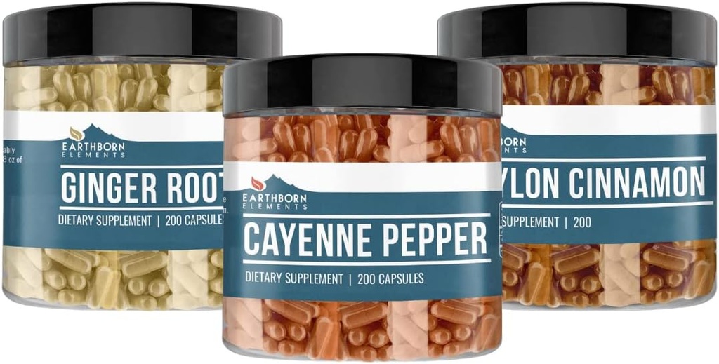Earthborn Elements Cayenne Pepper, Ceylon Kanel & Ginger Root Bundle (200 Kapsler Hver), Pure & Ufortyndet, Ingen tilsætningsstoffer