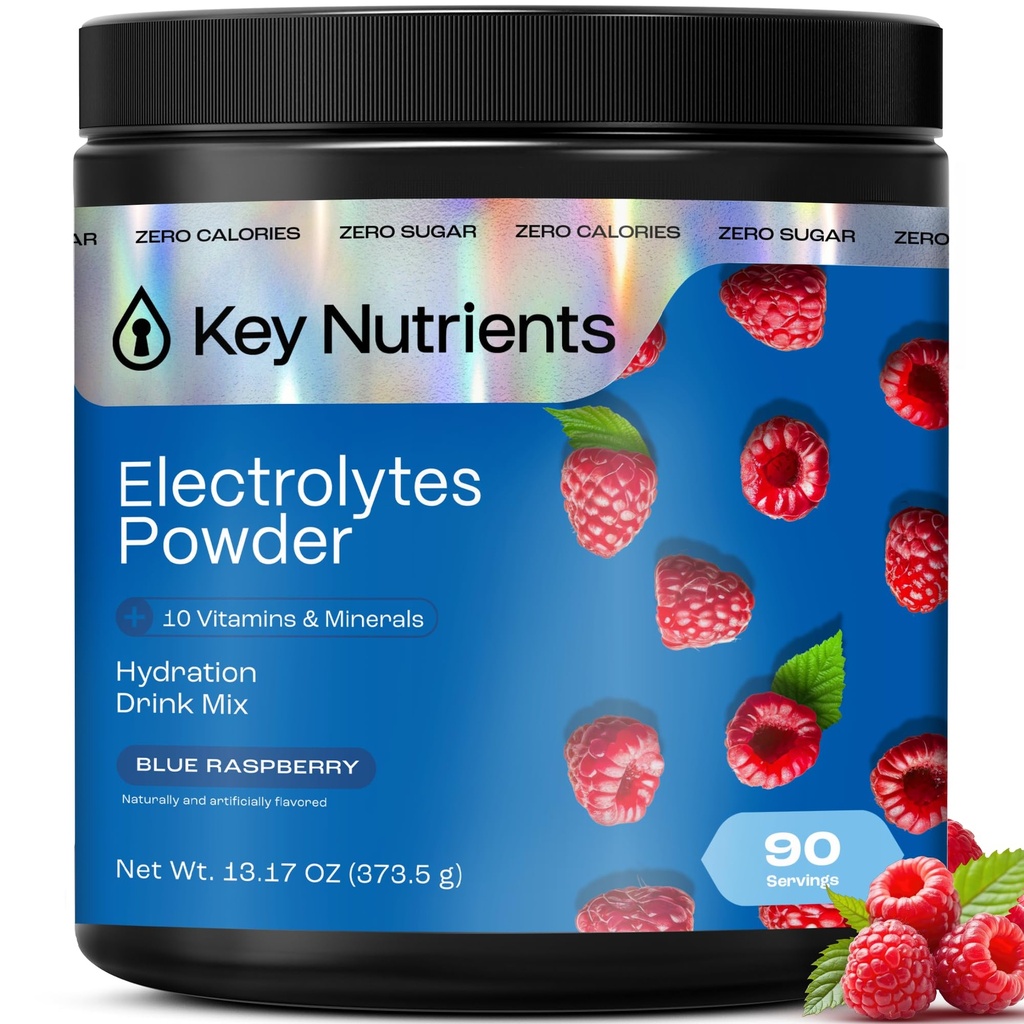 KEY NUTRIENSER Multivitamin Elektrolyter Powder Ingen sukker - Sweet Blue Raspberry Electrolyte Powder - Endurance & Energy Supplement - Hydration Powder - Ingen kalorier - 90 Servering - Made in USA