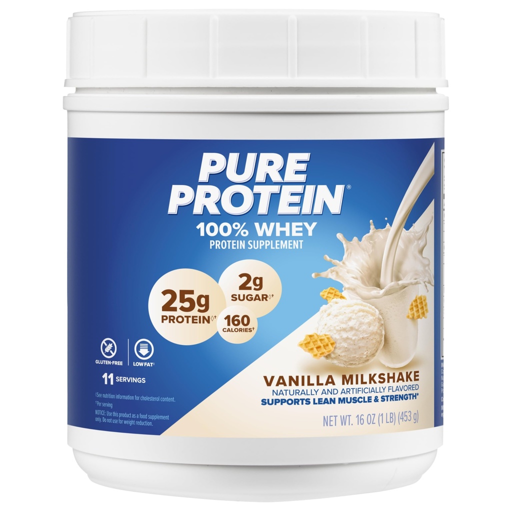 Pure Protein Powder, Whey, High Protein, Low Sugar, Gluten Free, Vanilla Cream, 1 LB