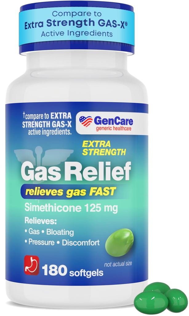 GenCare -Extra Strength Gas Relief Simeticone 125mg (180 Softels) Maksimum Styrke Anti Gas Pills til Bloating Relief, Tryk & Diskomfort - Sammenlign med Generisk Extra Strength Gas X