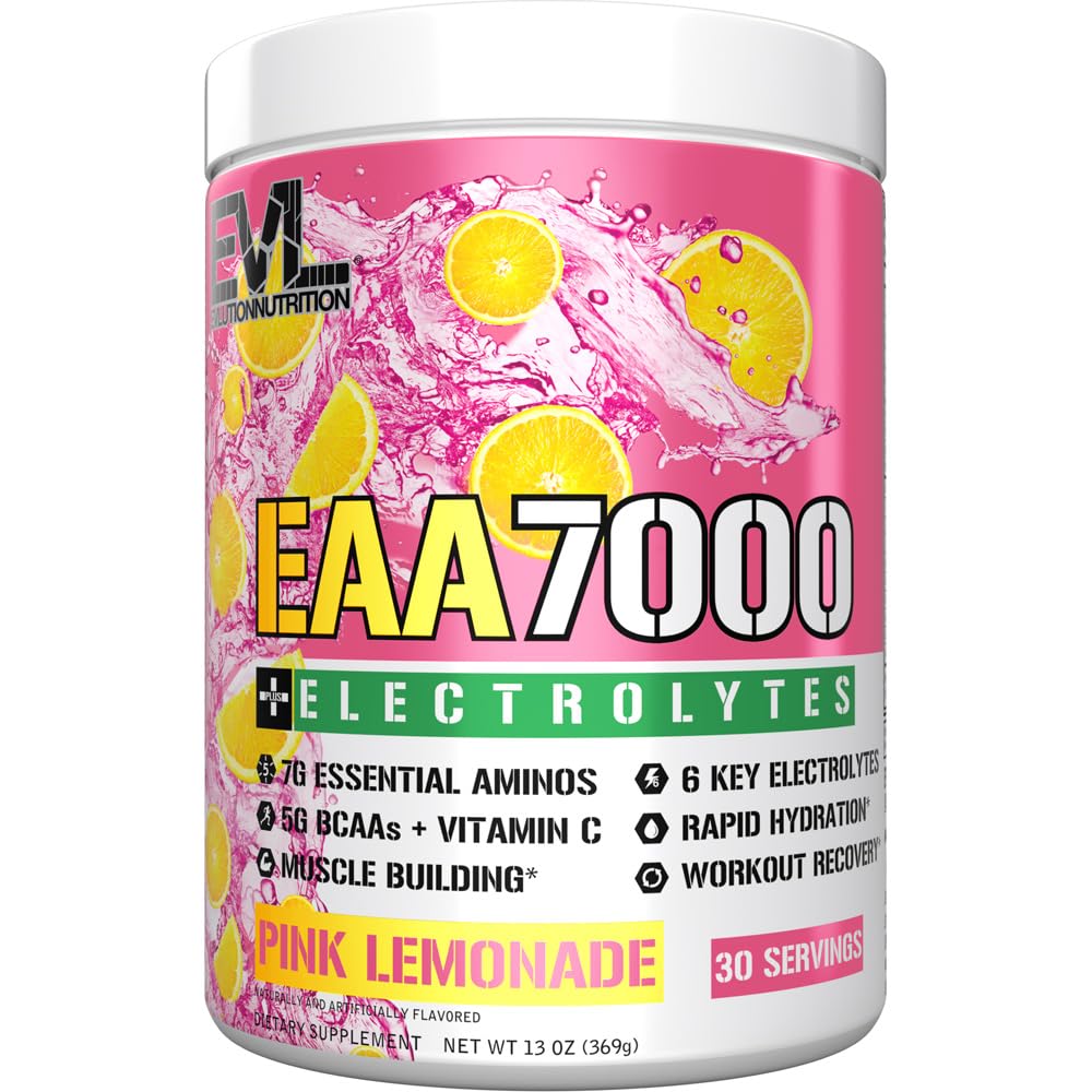 Evolution Nutrition EAA7000 + Electrolytes - Pre & Post Workout Powder - Muscle Building + Recovery Supplement - 7g EAA + 5g BCAA + 6 Key Electrolytes - Rapid Hydration - 30 Servering - Pink Lemonade