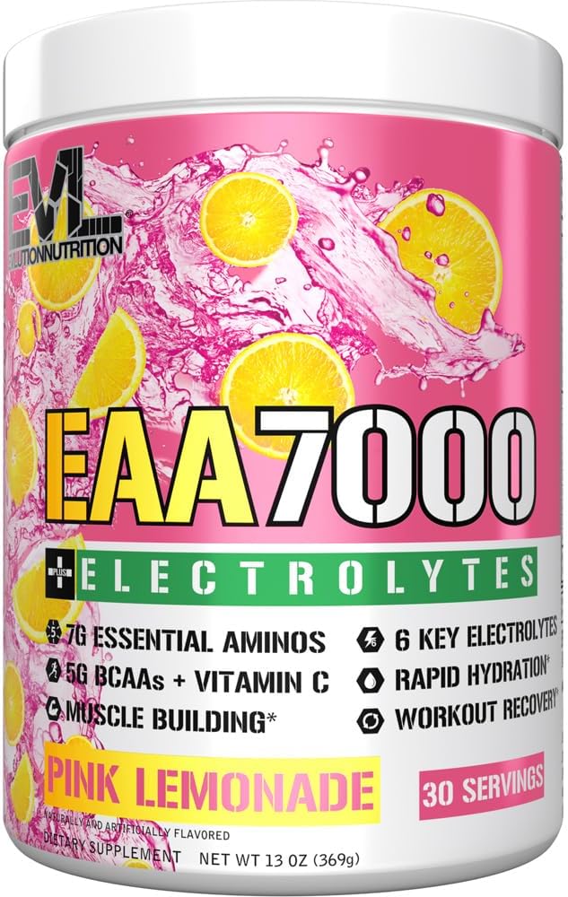 Evolution Nutrition EAA7000 + Electrolytes - Pre & Post Workout Powder - Muscle Building + Recovery Supplement - 7g EAA + 5g BCAA + 6 Key Electrolytes - Rapid Hydration - 30 Servering - Pink Lemonade