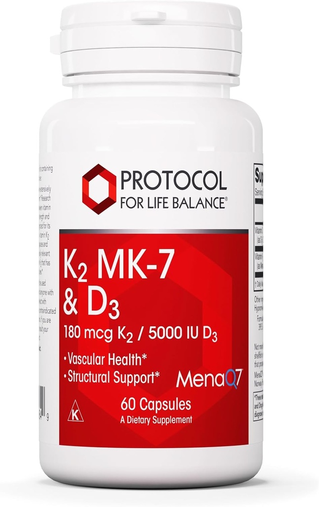 PROTOKOL OM LIV BALANCE - K2 MK- 7 og D3 - Vaskulær sundheds- og strukturstøtte, Knoglestyrke, Appetite Suppressant, Natural Weight Loss, Understøtter Calcium Absorption - 60 Veg kapsler