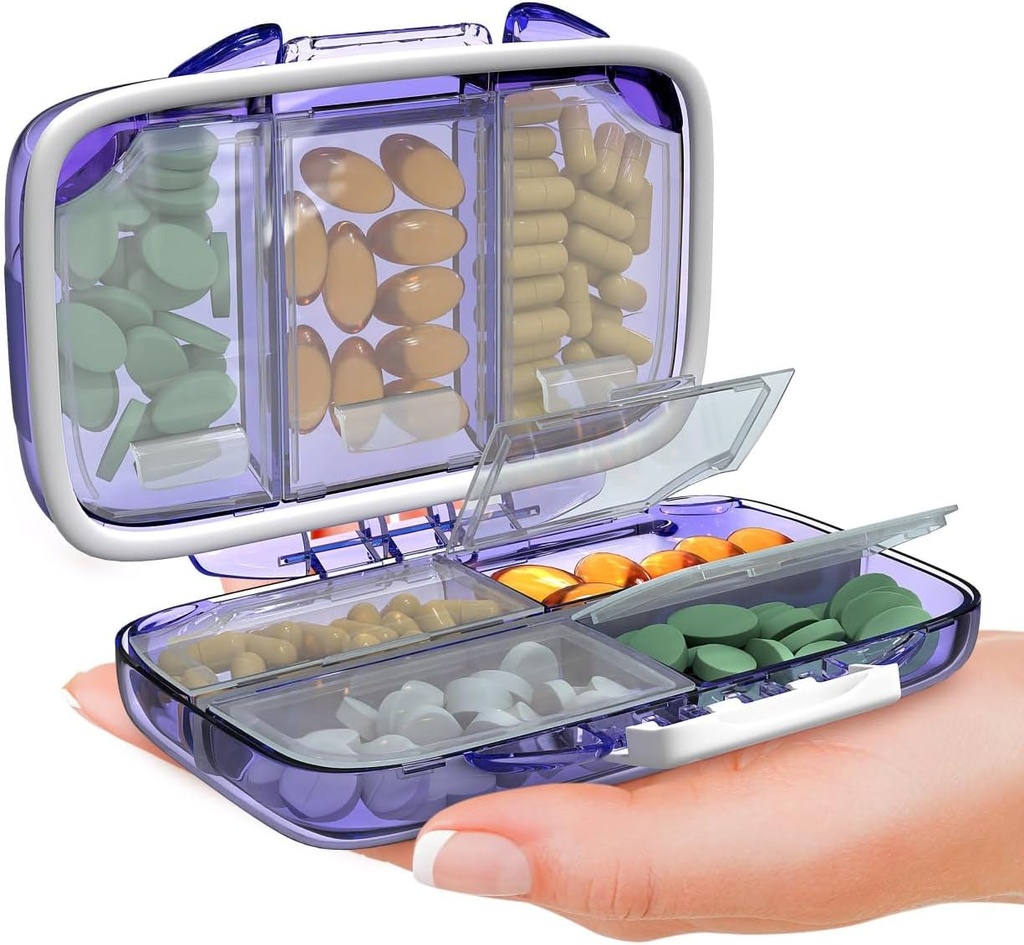 Travel Pill Organizer - Fugt Bevis Portable Vitamin Holder med 7 Kompakter, Kompakt supplement sag for Purse Essential Medicine Kit fot Traveling Pocket Pharmacy med etiketter, Lilla